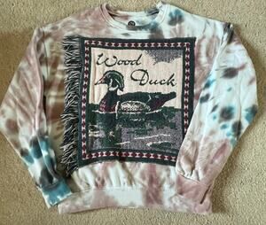 Duck tapestry sweatshirt w fringe, upcycled, tie dye crewneck,  S